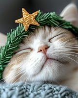Adorable sleeping cat wearing Christmas wreath with golden star ornament for holiday greeting cards and festive pet photography projects.