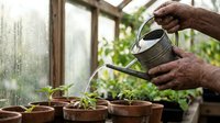 Elderly hands watering young seedlings with small metal watering can in greenhouse. Gardening, plant care, growing vegetables and herbs at home.
