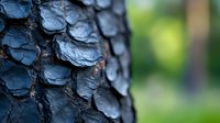 Dark charred tree bark texture with rough scaled pattern and natural blurred forest background, macro photography showing detailed wood surface structure.