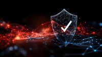 Digital security shield with checkmark on futuristic network background featuring glowing red and blue connections, representing cybersecurity and data protection.