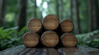 Stacked wooden logs with natural end grain texture against blurred green forest background, showcasing raw timber materials for woodworking and rustic design projects.