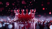 Crown shaped red water splash with droplets and bokeh effect on dark background creating dramatic liquid art photography with reflection.