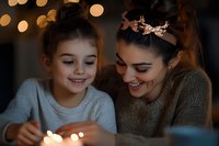 Young mother and daughter share magical moment with fairy lights, creating warm holiday atmosphere. Smiling faces illuminated by soft golden bokeh glow.