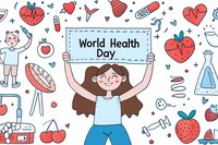 Cheerful cartoon girl holding World Health Day banner surrounded by medical icons, hearts, fruits and healthcare symbols on white background. For healthcare promotion.