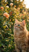 Ginger cat with striking green eyes gazes upward at monarch butterfly perched on peach roses in blooming garden during golden hour sunlight.