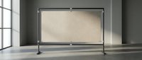 Modern minimalist room divider screen with beige fabric panel in contemporary interior space with natural lighting and shadow patterns on floor.