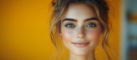 Young woman with bright blue eyes and natural freckles smiling warmly against yellow background, messy updo hairstyle with loose strands framing face in panoramic crop.
