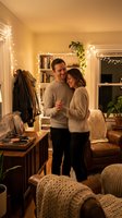 Caucasian couple dancing together in cozy living room with warm string lights, bookshelves, plants and comfortable furniture for home lifestyle and relationship content.