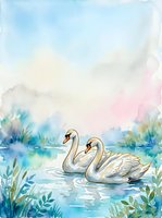 Two white swans glide gracefully across a serene lake surrounded by lush wetland vegetation in this tranquil watercolor landscape painting for nature and wildlife art projects.