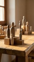 Wooden family figurines on blocks representing unity and togetherness in warm sunlit room for home decor and relationship concepts.