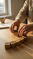Senior man arranging wooden alphabet blocks on table in warm sunlight creating educational learning concept for cognitive training and memory exercises.