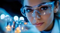 Young Hispanic woman wearing protective transparent glasses in scientific laboratory with blue technological lighting and bokeh effects in background.