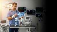 Male veterinarian examining digital dog x-ray on tablet in modern clinic with medical equipment and monitors for animal healthcare diagnosis.