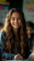 Young Caucasian female student with long wavy brown hair smiling in classroom setting with colorful educational posters in background for learning concepts.