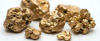 Golden metal nuggets with rough textured surfaces scattered on white background, representing precious minerals and wealth for mining industry concepts.