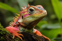 Colorful iguana with vibrant orange, pink, and yellow scales resting on a branch surrounded by green foliage. Wildlife and nature photography.
