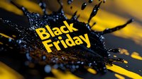 Dramatic liquid splash effect with yellow and black contrast creates dynamic motion around sale text, capturing attention for promotional materials.