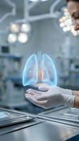Doctor in surgical gloves holding holographic lungs in modern operating room. Medical technology concept for respiratory health and pulmonary care innovation.