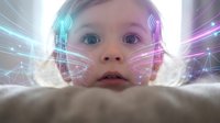Baby with futuristic digital network overlay representing artificial intelligence, technology and future generation connectivity concepts.