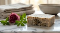 Natural handmade soap bar with organic ingredients next to fresh rose flower on marble surface, spa and wellness product for skincare routines.