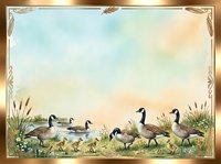 Waterfowl family with goslings grazing in marshland with cattails, framed by ornate golden border and soft watercolor sky backdrop for nature designs.