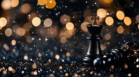 Black chess queen piece on dark glittering surface with golden bokeh lights and sparkles in background, creating magical atmosphere for strategy games and competition.