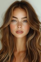 Young woman with natural makeup, freckles, and flowing caramel brown hair gazes directly at camera. Soft lighting enhances her glowing complexion and highlighted features.