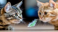 Two curious cats, tabby and ginger, watching floating feather with fascination against dark background. Close-up portrait captures feline hunting instinct and playful nature.