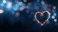 Glowing heart-shaped decoration with sparkling lights against dark blue bokeh background creates romantic atmosphere for Valentine's Day and celebrations.