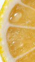 Extreme close-up of fresh juicy lemon slice showing detailed pulp texture, seeds, and translucent segments with tiny juice bubbles in bright yellow citrus fruit.