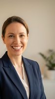 Professional Caucasian businesswoman in navy suit smiling confidently in modern office environment for corporate headshots and business presentations.