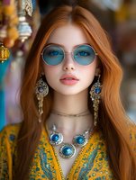 Young woman with red hair wearing blue round sunglasses, ornate turquoise jewelry and yellow embroidered dress against colorful bohemian background. Fashion portrait with ethnic style.