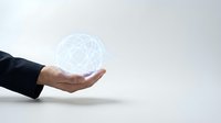 Businessman hand holding glowing digital sphere with network connections on white background, representing technology, innovation, and global communication concepts.