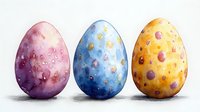 Watercolor Easter eggs in pink, blue and yellow with gold and purple spots, painted in soft pastel colors on white background. Decorative holiday illustration.