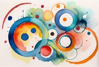 Vibrant watercolor circles in blue, orange and red create dynamic abstract composition with splashes and dots on soft beige background, modern artistic expression.