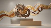 Abstract mechanical gear with flowing golden ribbons on geometric podium display for modern industrial design concepts and technology presentations.