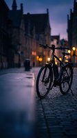 Bicycle parked on wet cobblestone street at dusk with illuminated historic buildings and twilight sky in background, suitable for urban lifestyle and travel concepts.