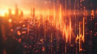 Glowing orange digital waves and light streaks against dark background with city silhouette, representing financial data visualization and market analysis.