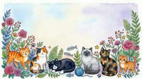 Watercolor cats with floral border frame featuring roses, ferns and botanical elements on white background for greeting cards, pet themed designs.