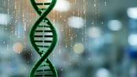 Green DNA double helix structure with digital data streams and bokeh lights representing genetic research, biotechnology and molecular science concepts.