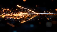 Glowing golden light trails forming arrow shape with sparkling particles and bokeh effect against dark background, abstract dynamic motion concept.