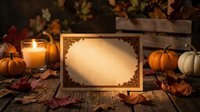 Autumn thanksgiving card with ornate border surrounded by pumpkins, candles and fall leaves on rustic wooden table for seasonal greetings and holiday invitations.