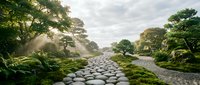 Serene Japanese zen garden with stone pathway winding through lush green moss and manicured trees under soft sunlight rays creating peaceful meditation space.