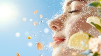 Fresh citrus splashes on woman's face with water drops and fruit slices against blue sky background, eyes closed in refreshing moment.
