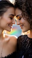 Two young women sharing intimate moment with rainbow light between faces, love celebration diversity inclusion pride happiness joy connection.