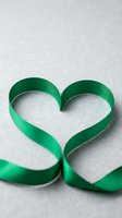 Green satin ribbon shaped into a heart on a light gray textured background, symbolizing love, health awareness, or eco-friendly concepts.