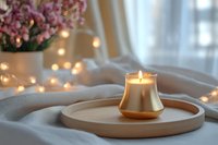 Glowing aromatic candle on wooden tray with soft fairy lights and pink flowers creating cozy atmosphere for spa, meditation, or home decor styling.