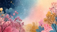 Dreamy fantasy landscape with colorful trees and starry sky gradient from blue to pink, magical woodland scene for creative projects and designs.