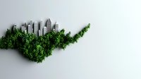 Modern city skyline emerging from lush green foliage against white background, representing sustainable urban development and environmental conservation concept.