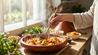 Hands stirring a steaming vegetable tagine in a clay pot on a rustic kitchen counter with fresh herbs and ingredients nearby.